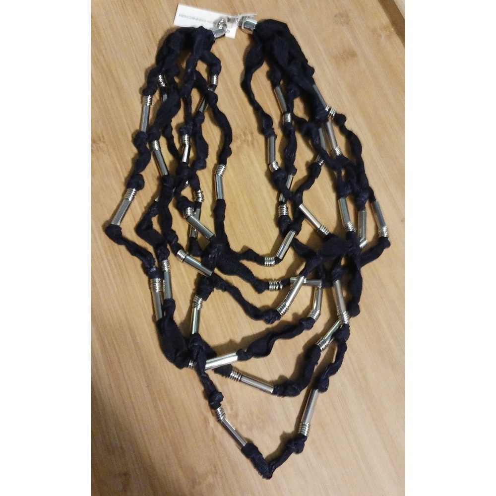 NEW French Connection Super Layered Navy Blue Fabric & Silver Beaded Necklace